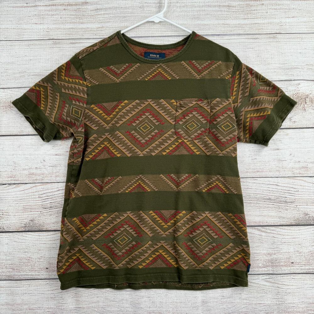 Roark Southwest Print Knit T-Shirt Mens Medium Green Stretch Crewneck Pocket